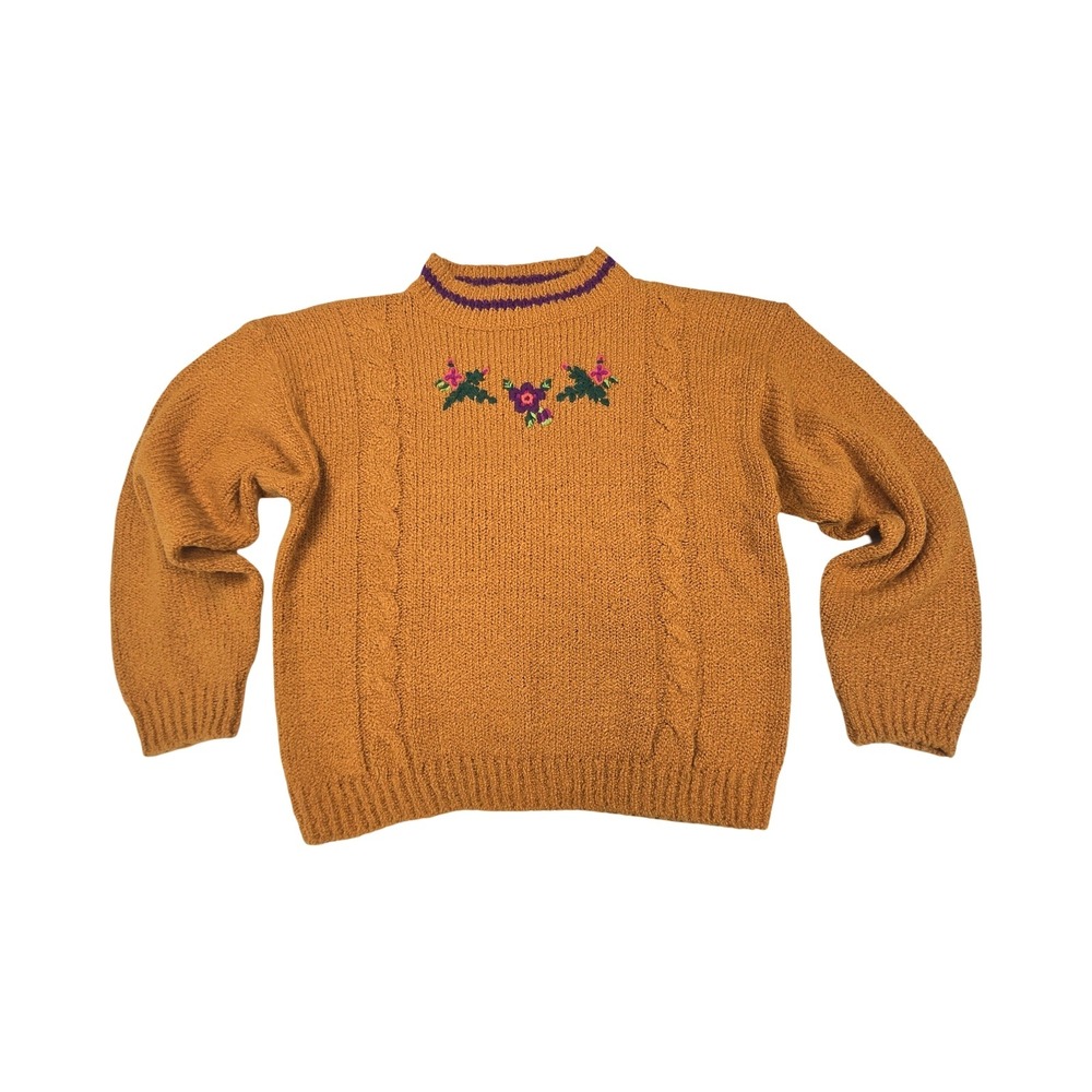 Vintage 70s Mustard Yellow Knit Floral Embroidered Sweater Crew Neck Granny